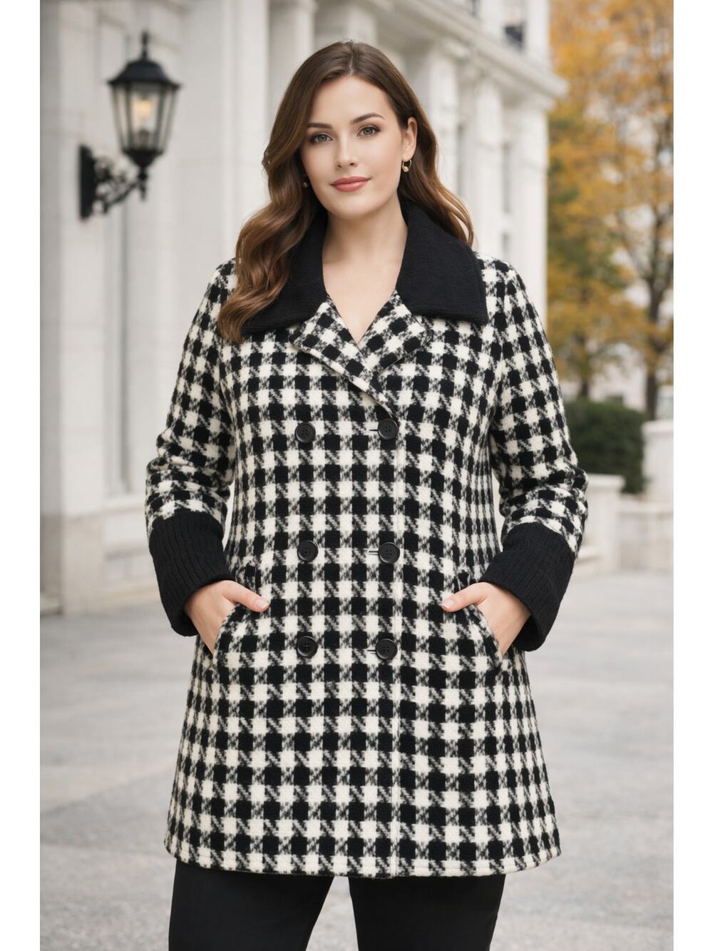 Worthington Womens XL Houndstooth Wool-Blend Coat Black & White Double-Breasted